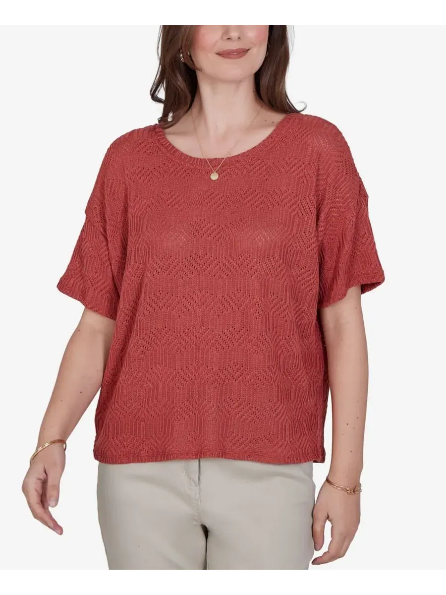 Топ с бриллиантовым узором Petite Crochet Diamond Textured Knit Ruby Rd., Terra Cotta