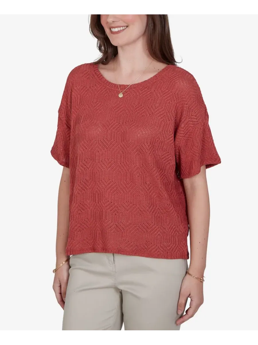 Топ с бриллиантовым узором Petite Crochet Diamond Textured Knit Ruby Rd., Terra Cotta — изображение 2 из 5