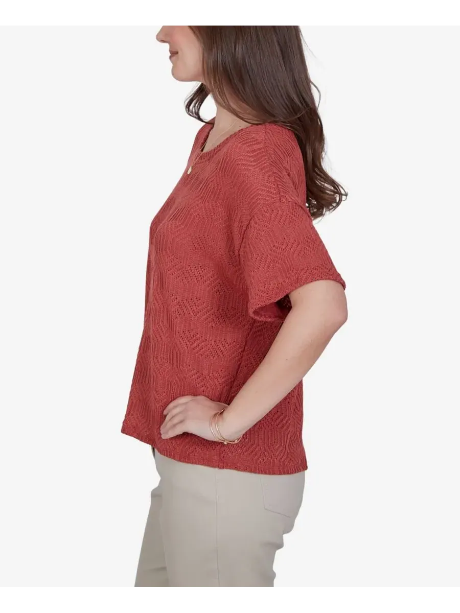 Топ с бриллиантовым узором Petite Crochet Diamond Textured Knit Ruby Rd., Terra Cotta — изображение 3 из 5