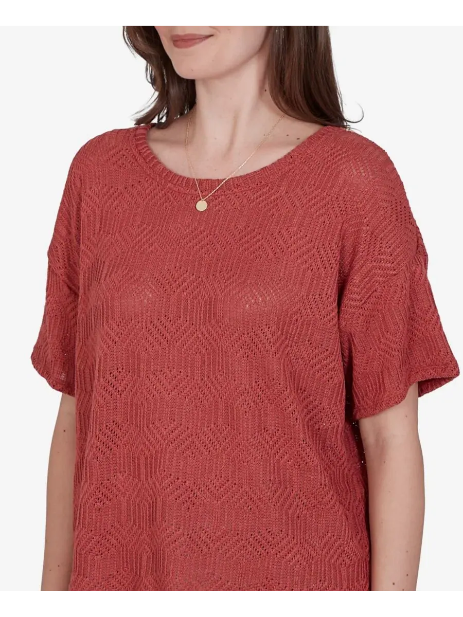 Топ с бриллиантовым узором Petite Crochet Diamond Textured Knit Ruby Rd., Terra Cotta — изображение 4 из 5