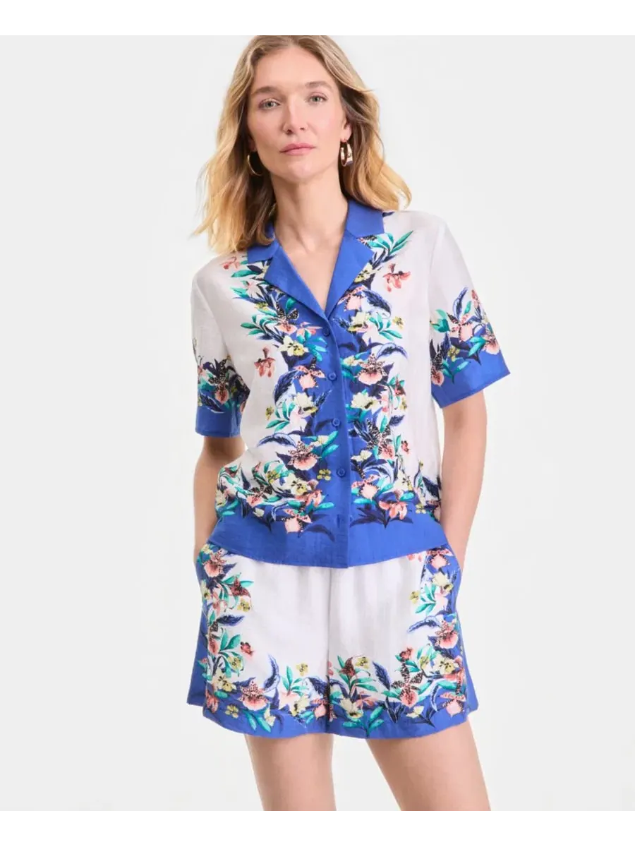 Топ с принтом с коротким рукавом, на пуговицах Alana Floral I.N.C. International Concepts — изображение 1 из 4
