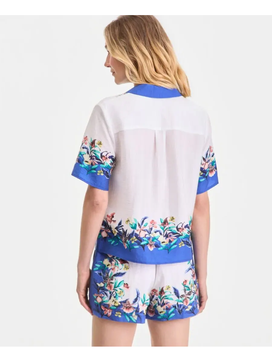 Топ с принтом с коротким рукавом, на пуговицах Alana Floral I.N.C. International Concepts — изображение 3 из 4