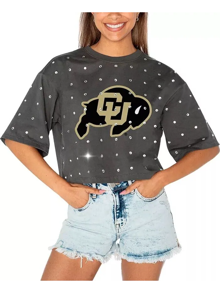 Женская серая укороченная футболка Colorado Buffaloes Go Time со стразами Gameday Couture — изображение 1 из 3