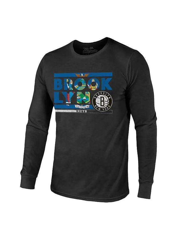 Мужская черная футболка с длинными рукавами Brooklyn Nets City and State Tri-Blend Majestic — изображение 3 из 3, черный