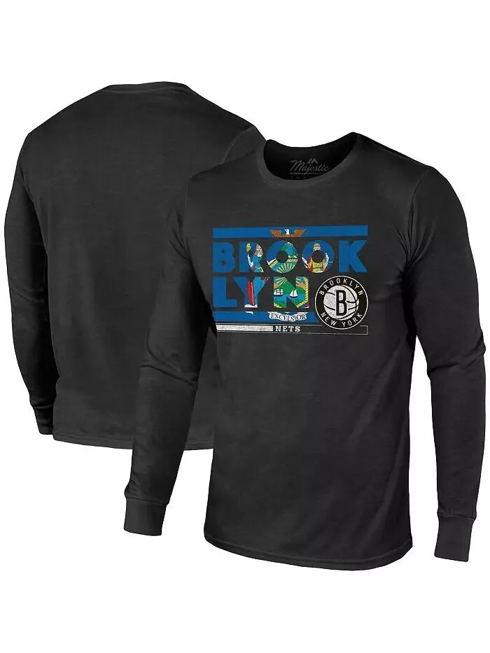 Мужская черная футболка Brooklyn Nets City and State Tri-Blend с длинным рукавом Majestic — изображение 1 из 3