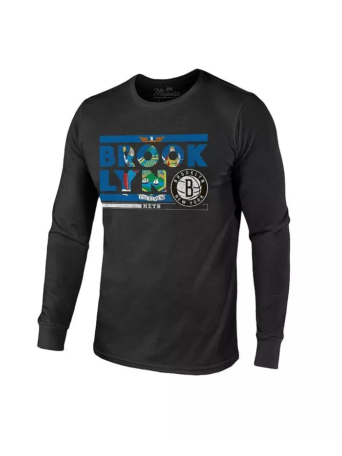 Мужская черная футболка Brooklyn Nets City and State Tri-Blend с длинным рукавом Majestic — изображение 3 из 3