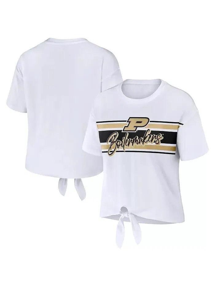 Белая женская укороченная футболка в полоску с узлом Purdue Boilermakers спереди Wear By Erin — изображение 1 из 3