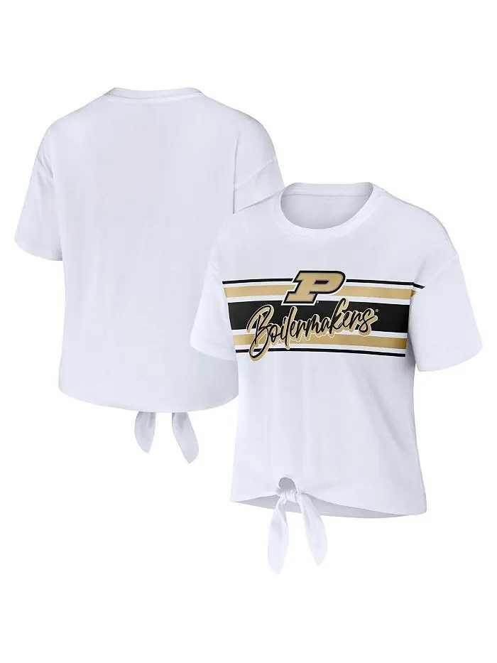 Белая женская укороченная футболка с узлом в полоску Purdue Boilermakers спереди WEAR by Erin — изображение 1 из 3, белый