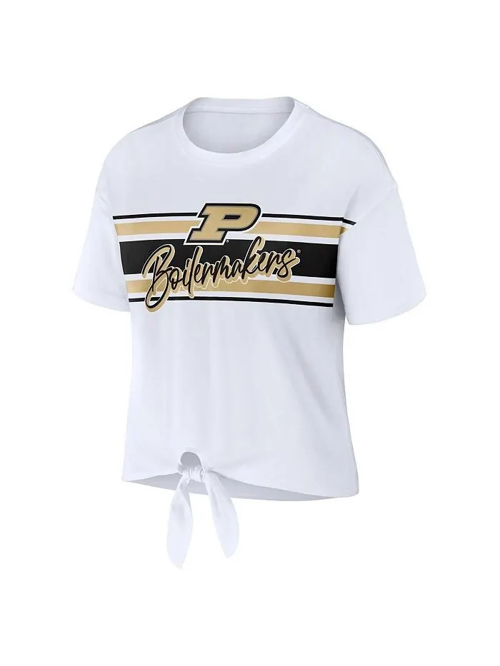 Белая женская укороченная футболка с узлом в полоску Purdue Boilermakers спереди WEAR by Erin — изображение 2 из 3, белый
