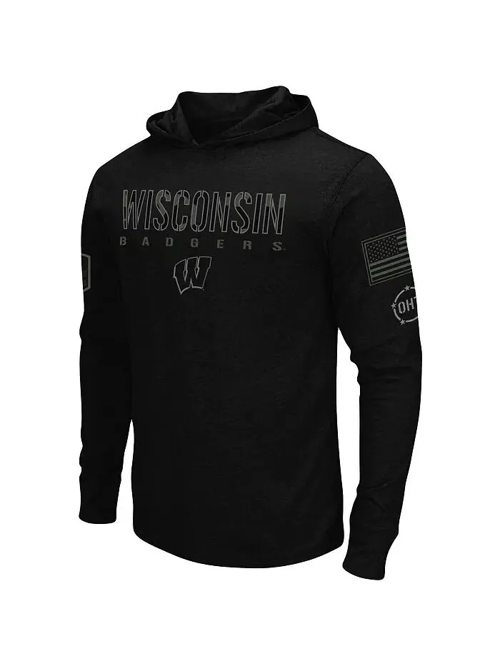 Мужская черная футболка с капюшоном и длинным рукавом Wisconsin Badgers OHT в стиле милитари — изображение 2 из 4
