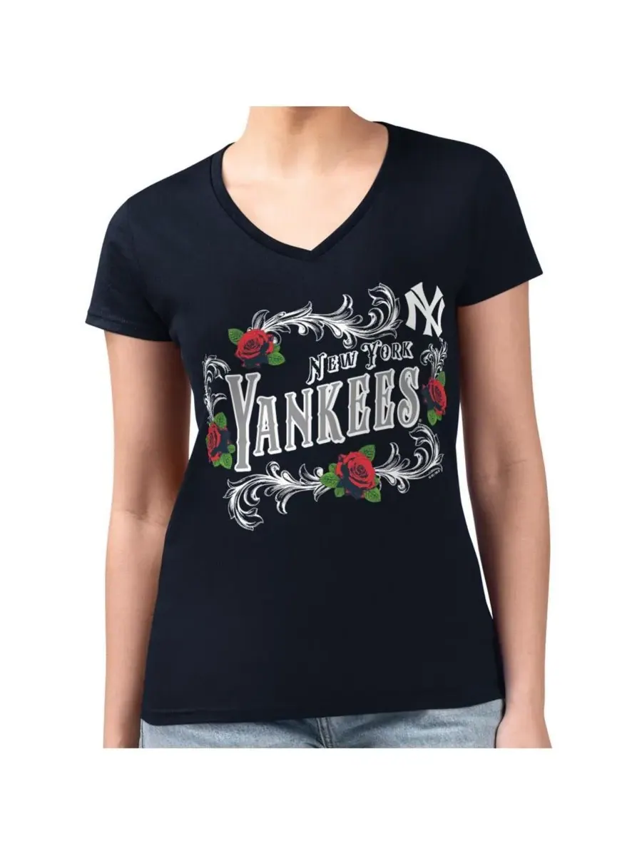 G-III 4Her by Carl Banks Женская темно-синяя футболка New York Yankees Retro Roses с V-образным — изображение 1 из 2