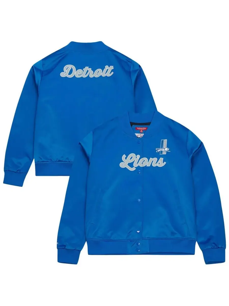 Mitchell & Ness Женская синяя атласная куртка Detroit Lions на кнопках — изображение 1 из 3, синий