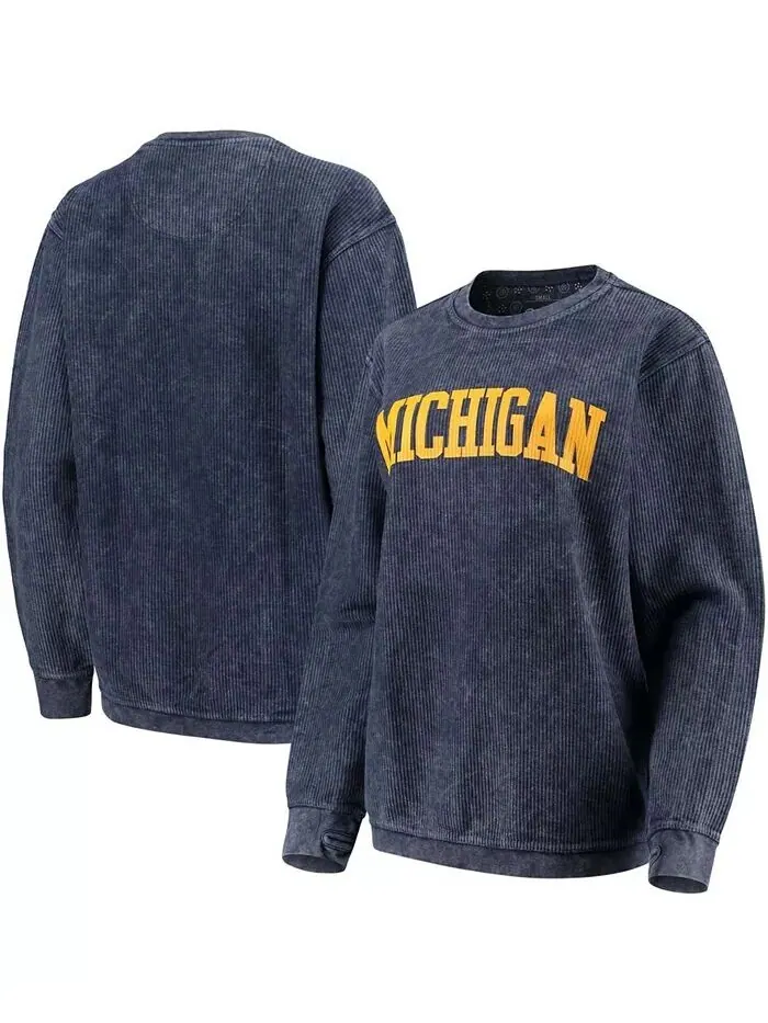 Женский темно-синий пуловер с вышивкой Michigan Wolverines Comfy Cord в винтажном стиле, базовый — изображение 1 из 4