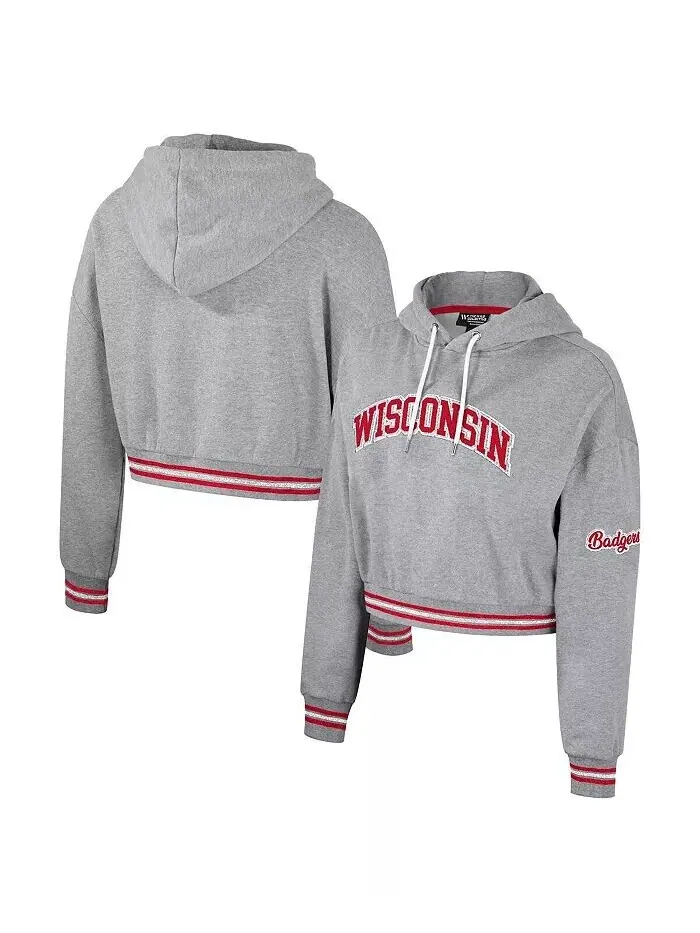 Женский укороченный свитшот с капюшоном Wisconsin Badgers цвета серый меланж с эффектом потертости — изображение 1 из 3