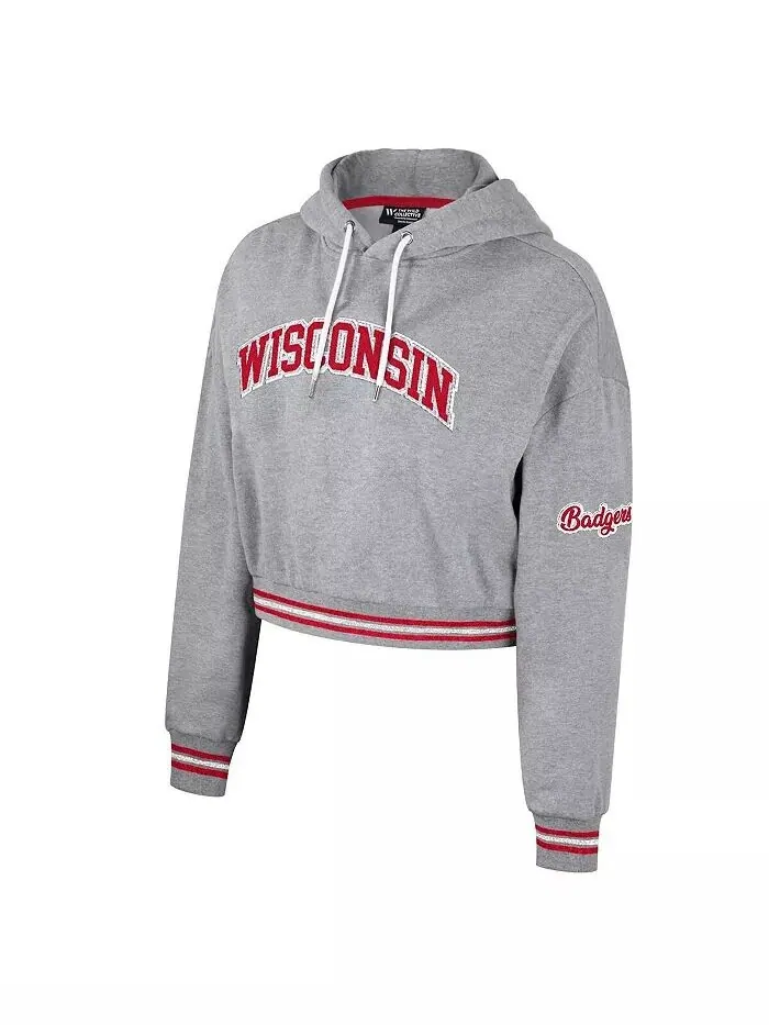Женский укороченный свитшот с капюшоном Wisconsin Badgers цвета серый меланж с эффектом потертости — изображение 2 из 3