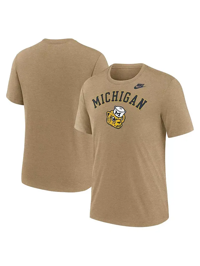 Мужская футболка Michigan Wolverines Legacy Arch Tri-Blend цвета светлого коричневого меланжа Nike — изображение 1 из 3