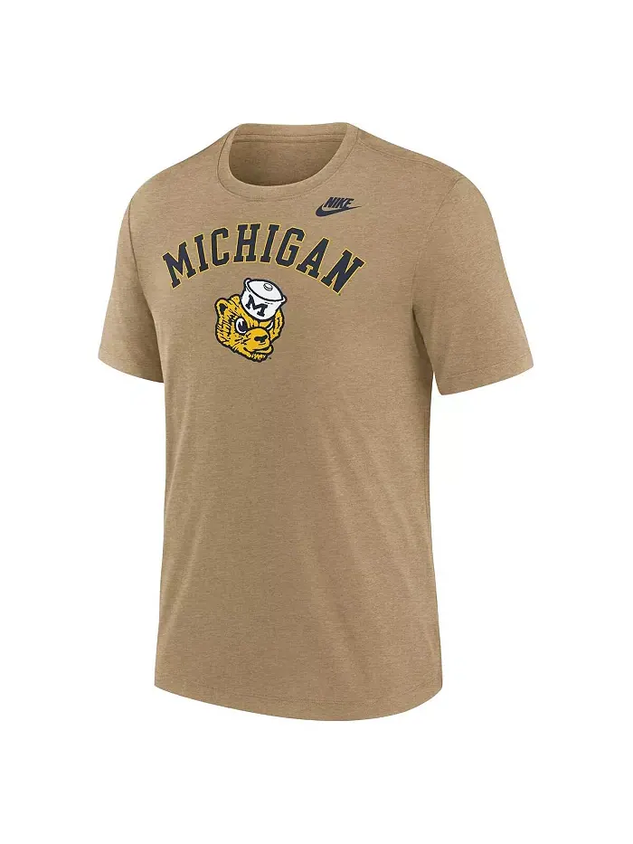 Мужская футболка Michigan Wolverines Legacy Arch Tri-Blend цвета светлого коричневого меланжа Nike — изображение 2 из 3