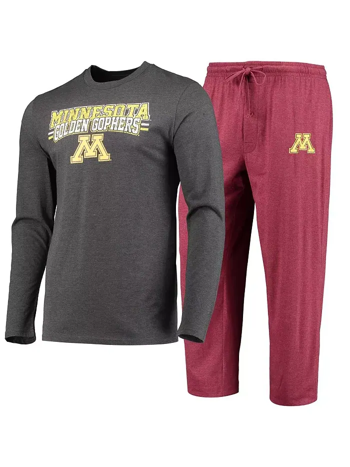 Мужской бордовый и серый в рубчик комплект для сна Minnesota Golden Gophers с длинными рукавами и — изображение 1 из 2