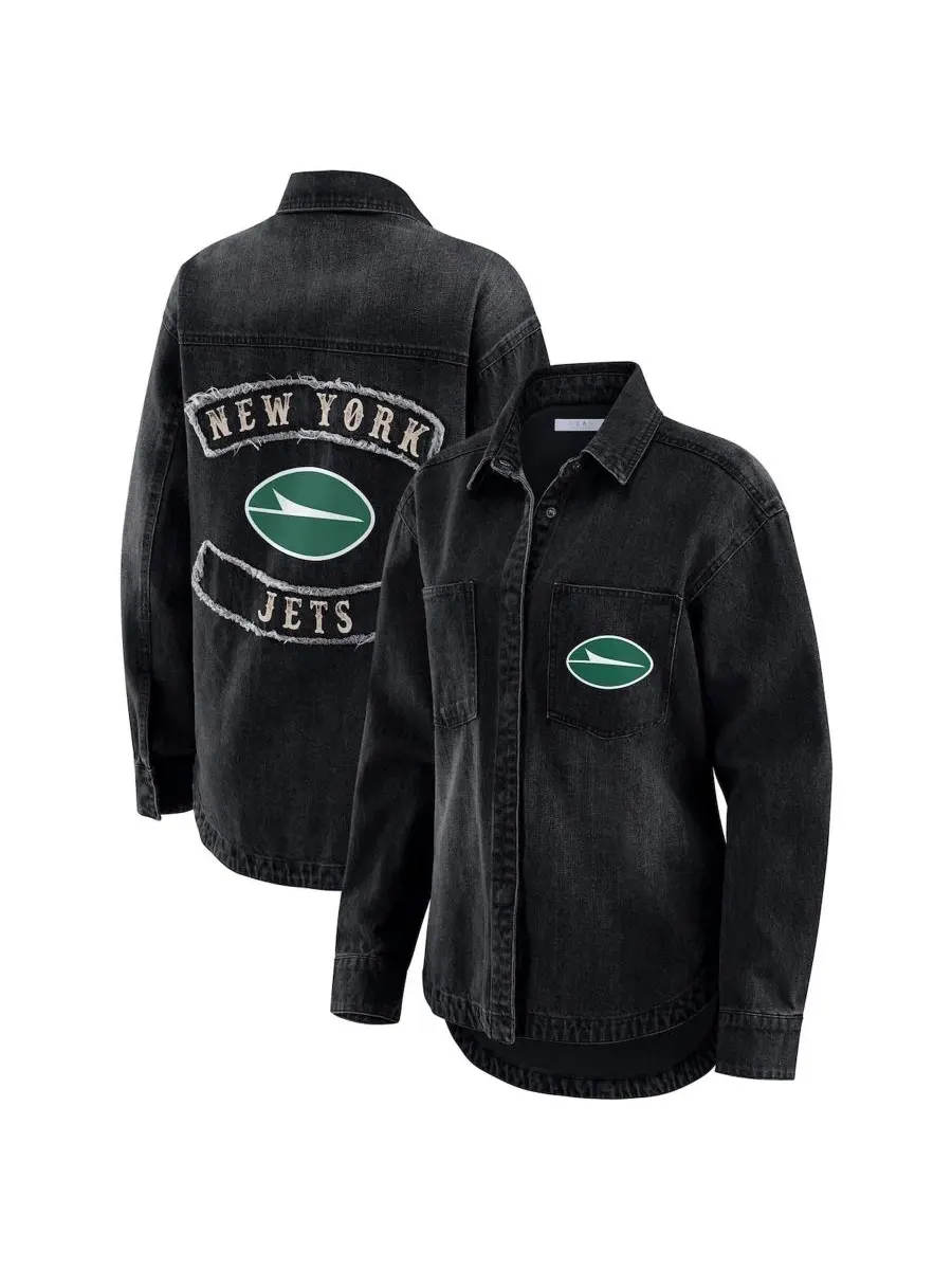 Джинсовая рубашка-куртка oversize с принтом New York Jets WEAR by Erin Andrews — изображение 1 из 5, черный