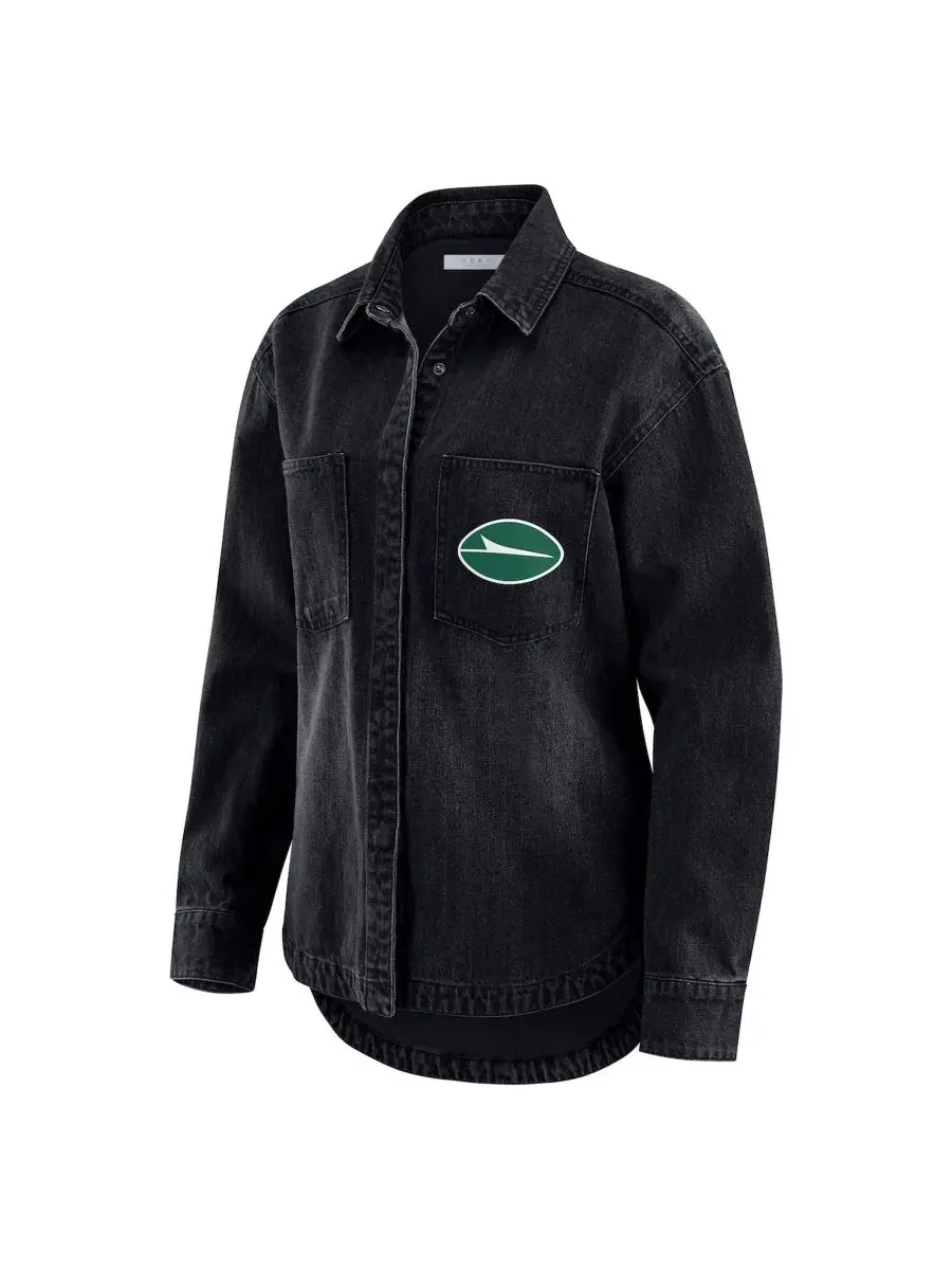 Джинсовая рубашка-куртка oversize с принтом New York Jets WEAR by Erin Andrews — изображение 2 из 5, черный