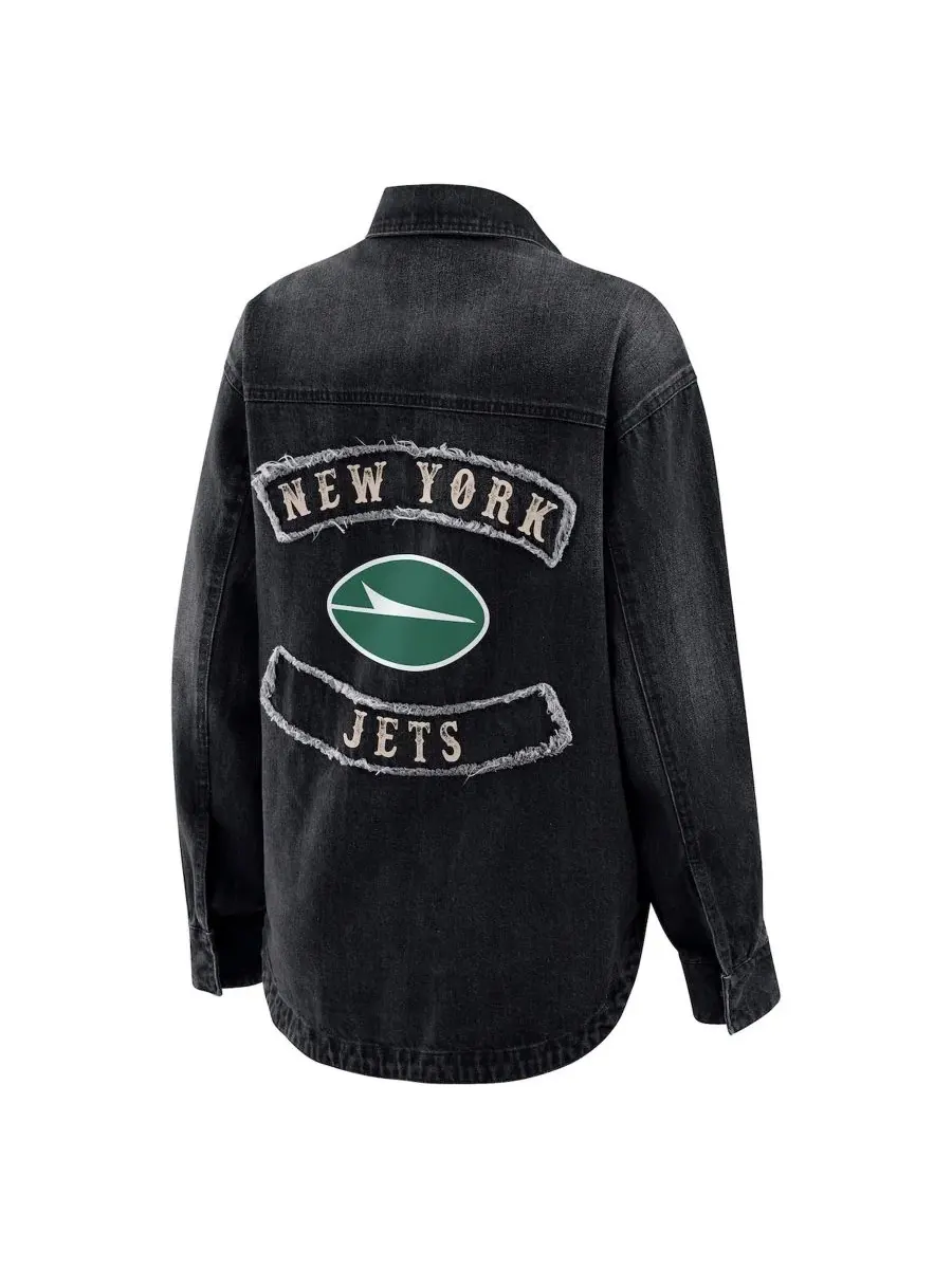Джинсовая рубашка-куртка oversize с принтом New York Jets WEAR by Erin Andrews — изображение 3 из 5, черный