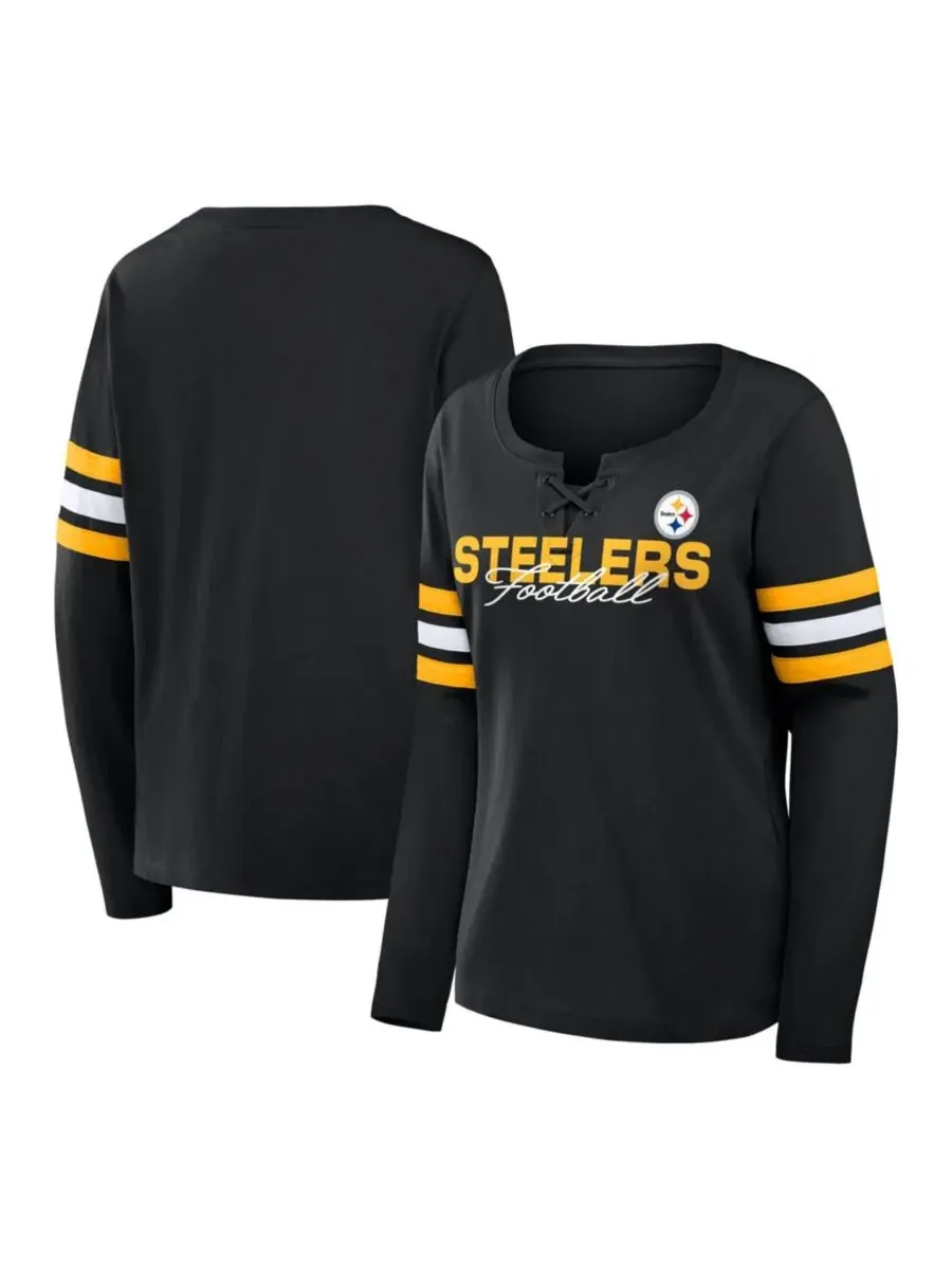 Футболка с длинным рукавом, со шнуровкой, с принтом, Pittsburgh Steelers Fanatics — изображение 1 из 3, черный золотистый
