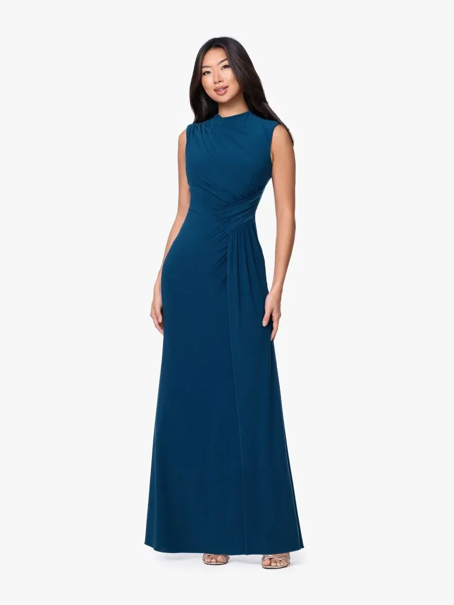 Платье длинное с драпировкой по боку Mock Neck Ruched Dress Betsy & Adam, Mallard — изображение 2 из 6