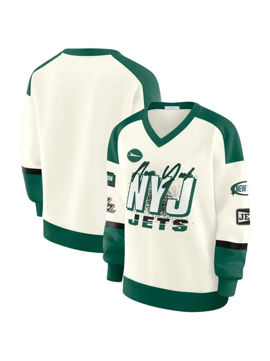 WEAR by Erin Andrews Женская кремовая толстовка с V-образным вырезом New York Jets Racing Crew — изображение 1 из 3, бежевый
