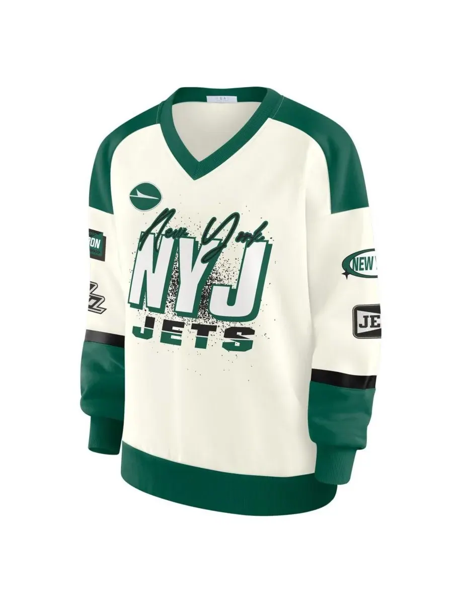WEAR by Erin Andrews Женская кремовая толстовка с V-образным вырезом New York Jets Racing Crew — изображение 3 из 3, бежевый