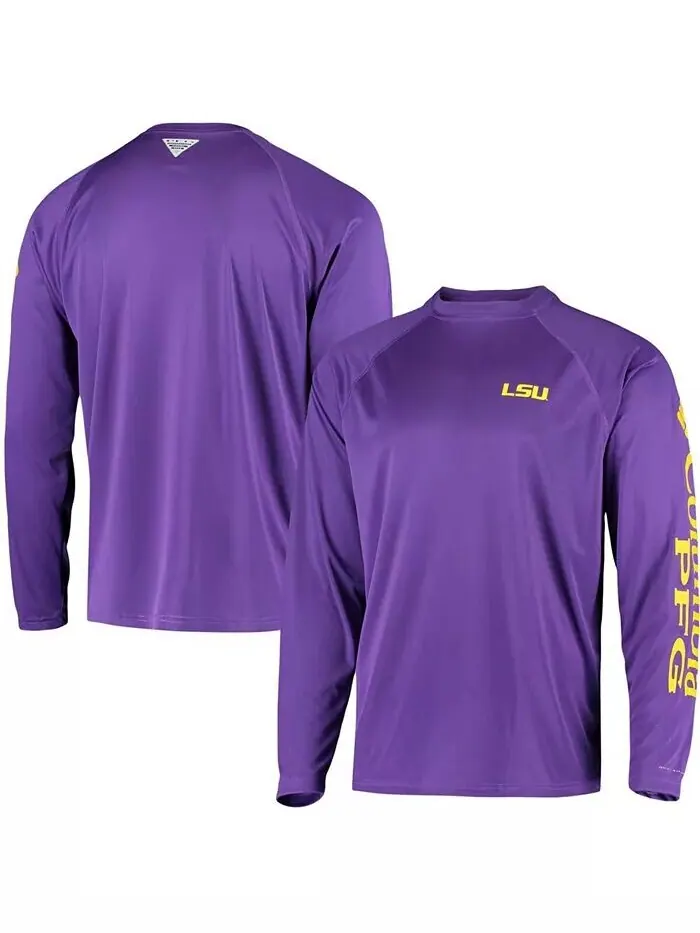 Мужская фиолетовая футболка LSU Tigers Terminal Tackle Omni-Shade с длинным рукавом Columbia — изображение 1 из 3