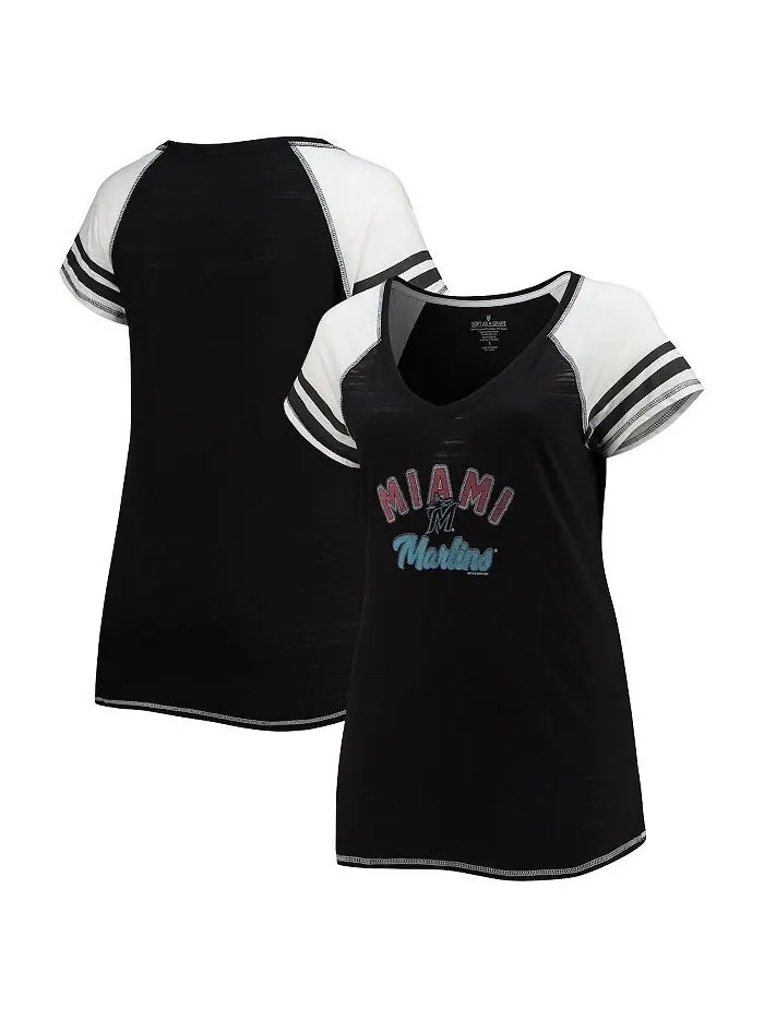 Женская черная футболка Miami Marlins Curvy Colorblock Tri-Blend реглан с v-образным вырезом Soft