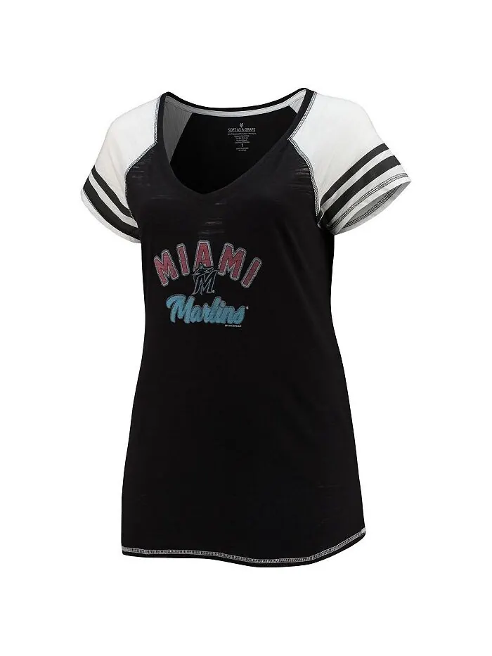 Женская черная футболка Miami Marlins Curvy Colorblock Tri-Blend реглан с v-образным вырезом Soft — изображение 2 из 3
