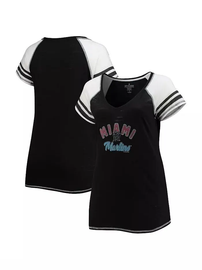 Женская черная футболка Miami Marlins Curvy Colorblock Tri-Blend реглан с v-образным вырезом Soft