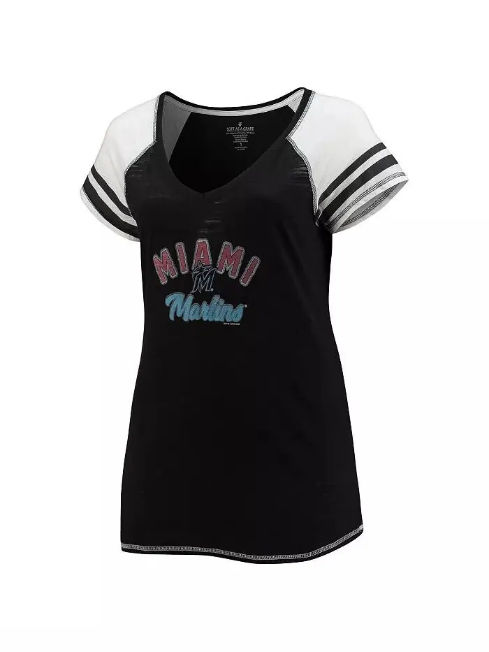 Женская черная футболка Miami Marlins Curvy Colorblock Tri-Blend реглан с v-образным вырезом Soft — изображение 2 из 3