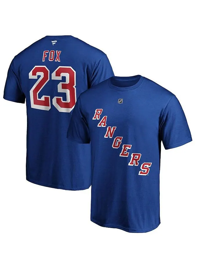 Мужская синяя футболка с фирменным логотипом Adam Fox New York Rangers с аутентичным именем и — изображение 1 из 3, синий