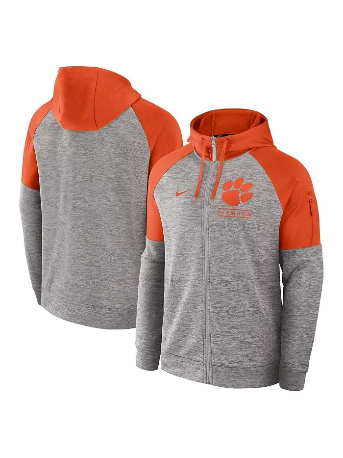 Мужская серая меланжевая толстовка с капюшоном и молнией Clemson Tigers Fitness Raglan Performance — изображение 1 из 3