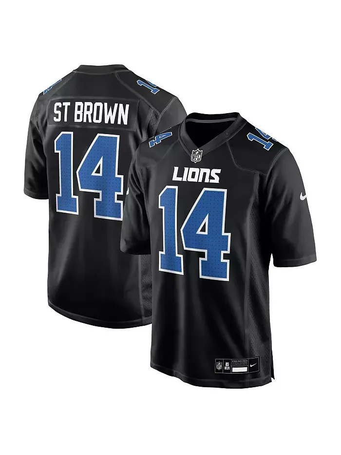 Мужская модная джерси Detroit Lions Carbon в цвете Carbon Black с именем Amon-Ra St. Brown Nike — изображение 1 из 3