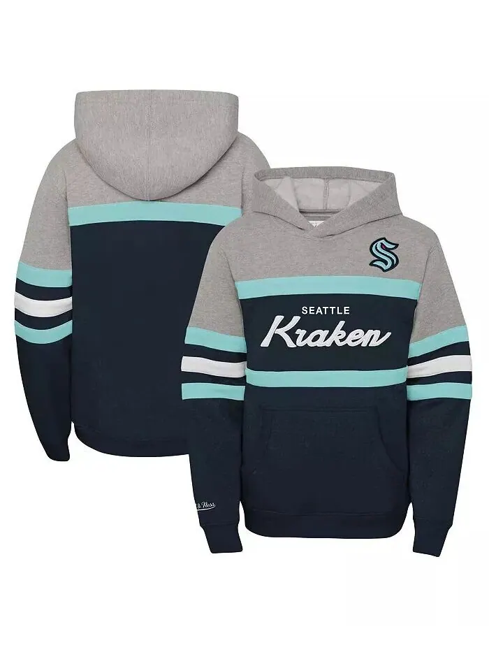 Толстовка с капюшоном Big Boys Sea Blue Seattle Kraken Head Coach Mitchell & Ness — изображение 1 из 3