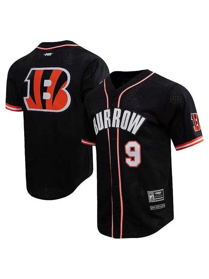 Мужская черная бейсбольная футболка Joe Burrow Cincinnati Bengals Mesh на пуговицах Pro Standard — изображение 1 из 4