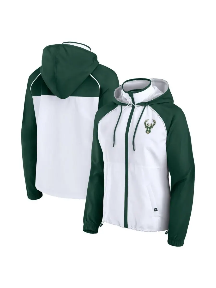 Fanatics Женская куртка-анорак Milwaukee Bucks белого/темно-зеленого цвета с рукавами реглан и — изображение 1 из 3