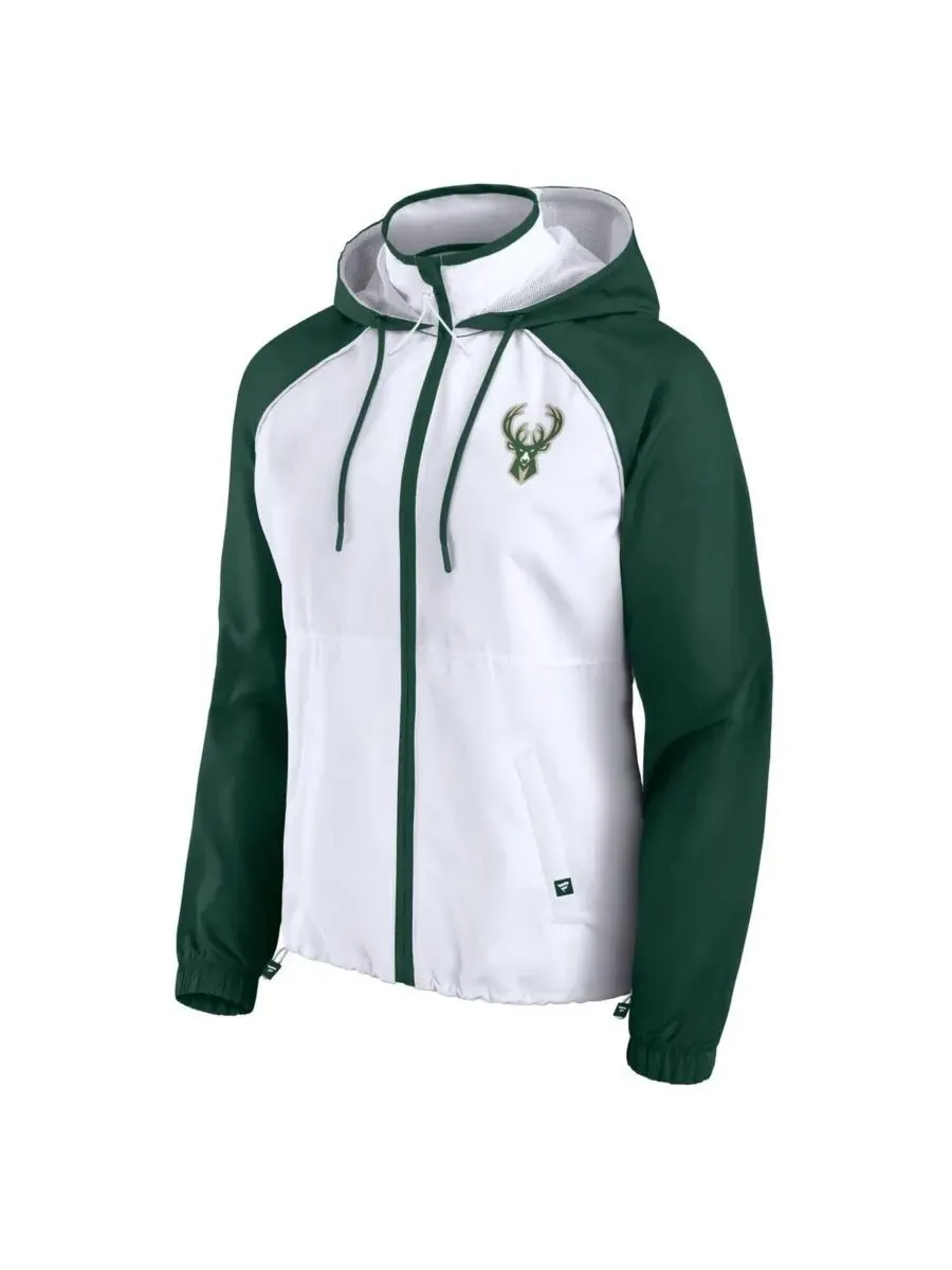 Fanatics Женская куртка-анорак Milwaukee Bucks белого/темно-зеленого цвета с рукавами реглан и — изображение 2 из 3