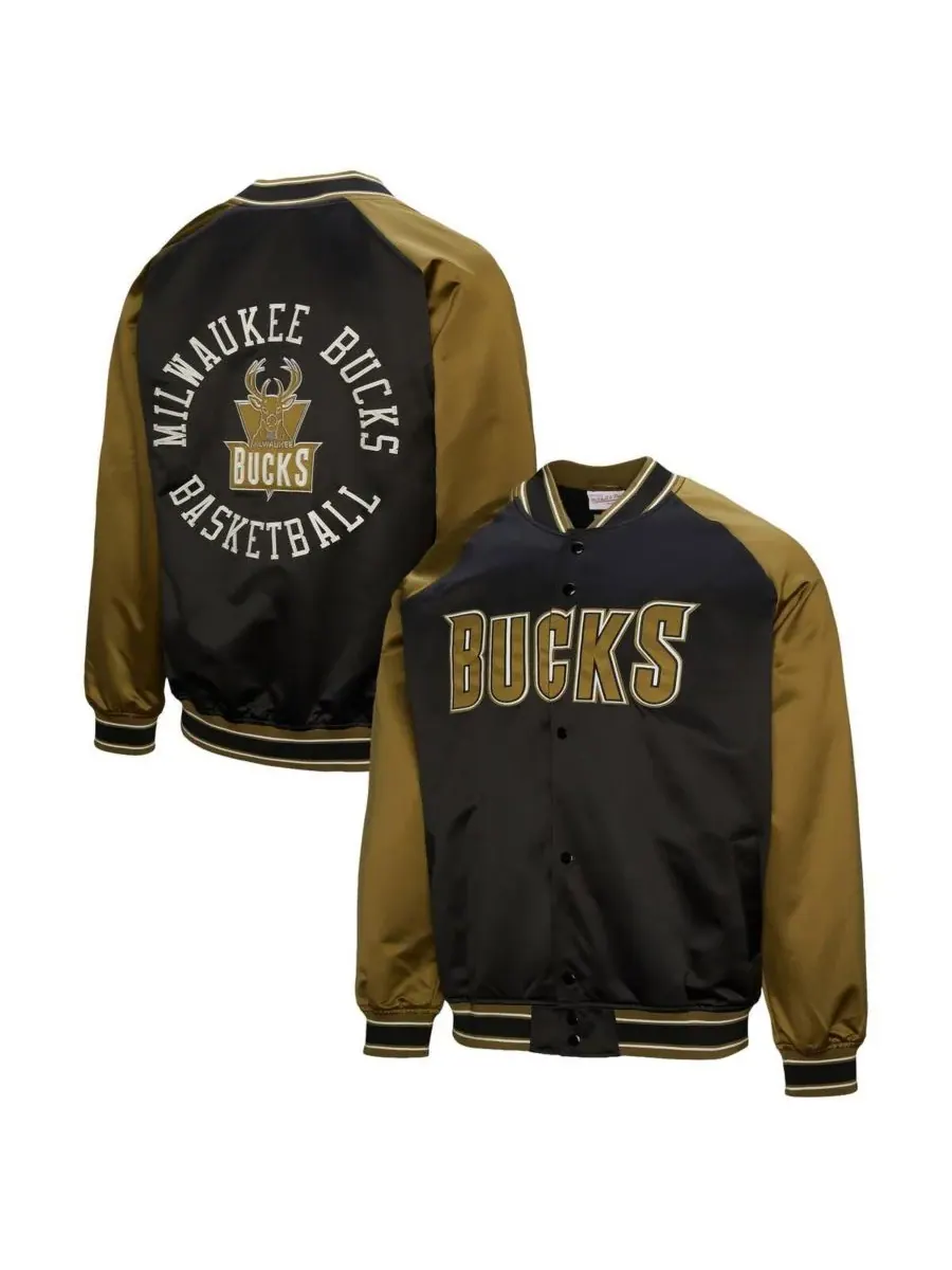Mitchell & Ness Мужская куртка-клатч Milwaukee Bucks оливково-черного цвета из атласа с рукавами — изображение 1 из 3