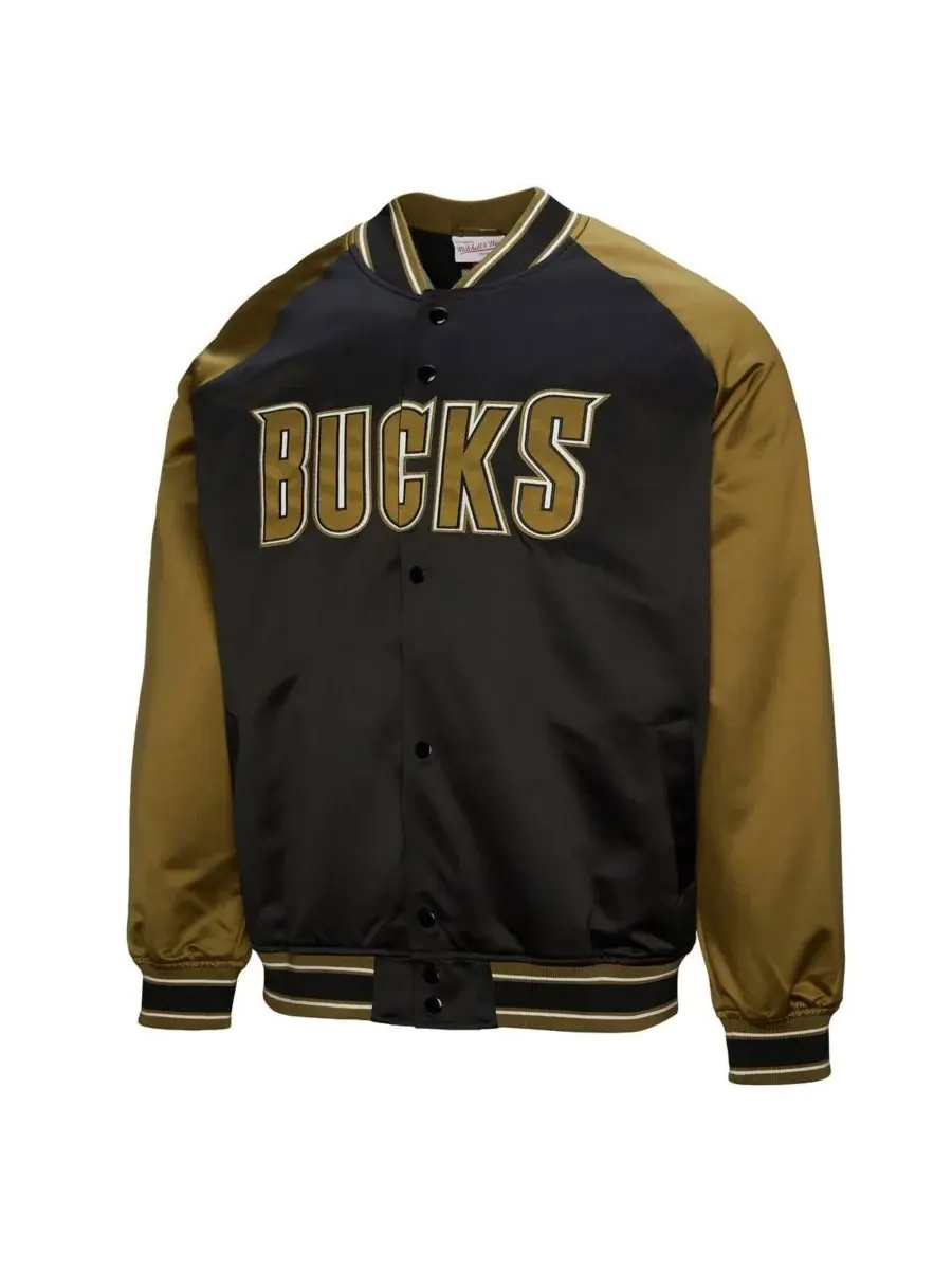 Mitchell & Ness Мужская куртка-клатч Milwaukee Bucks оливково-черного цвета из атласа с рукавами — изображение 3 из 3