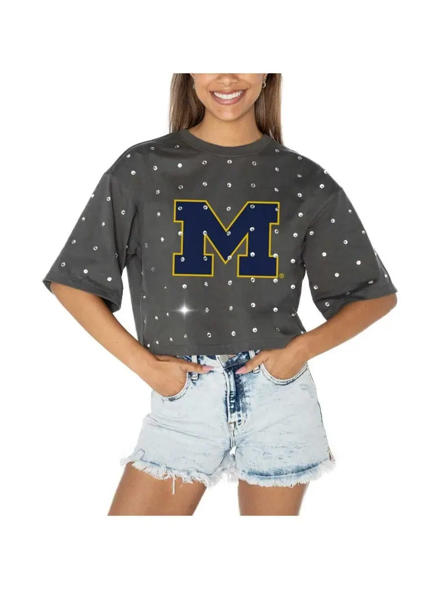 Gameday Couture Женская серая укороченная футболка Michigan Wolverines Go Time со стразами — изображение 1 из 5, серый