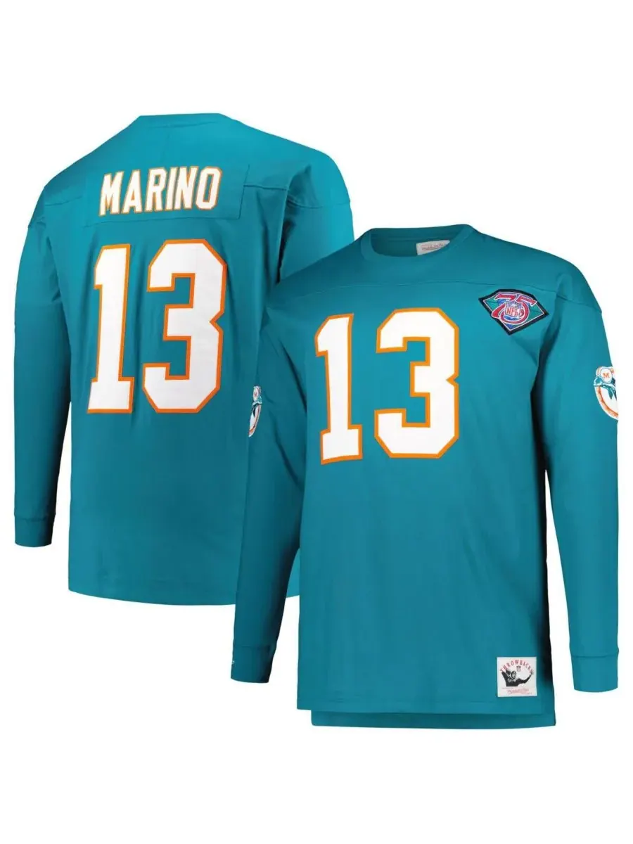Мужская футболка с длинным рукавом Dan Marino Aqua Miami Dolphins больших размеров, с вышитыми — изображение 1 из 3, голубой