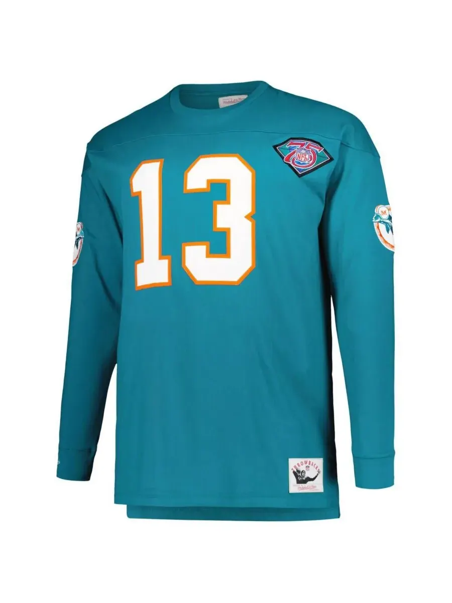 Мужская футболка с длинным рукавом Dan Marino Aqua Miami Dolphins больших размеров, с вышитыми — изображение 3 из 3, голубой