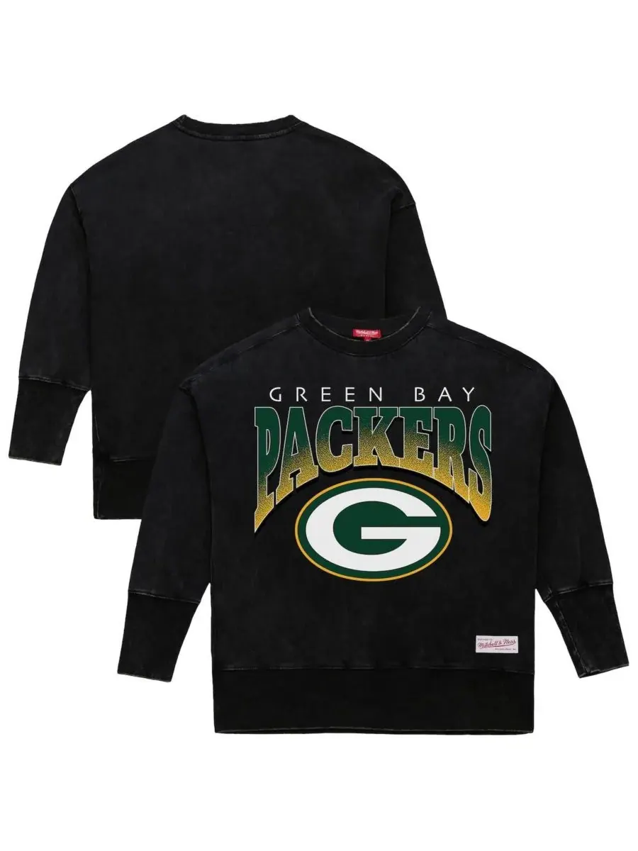 Mitchell & Ness Женская черная толстовка с круглым вырезом Green Bay Packers Delineate Mineral Wash — изображение 1 из 3