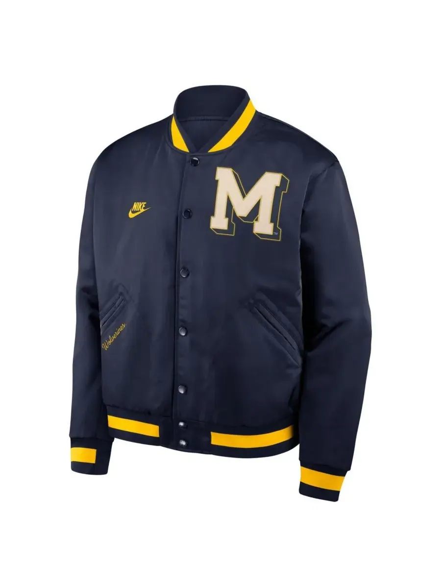 Nike Мужская темно-синяя куртка-бомбер Michigan Wolverines Legacy с застежкой на кнопках — изображение 4 из 5