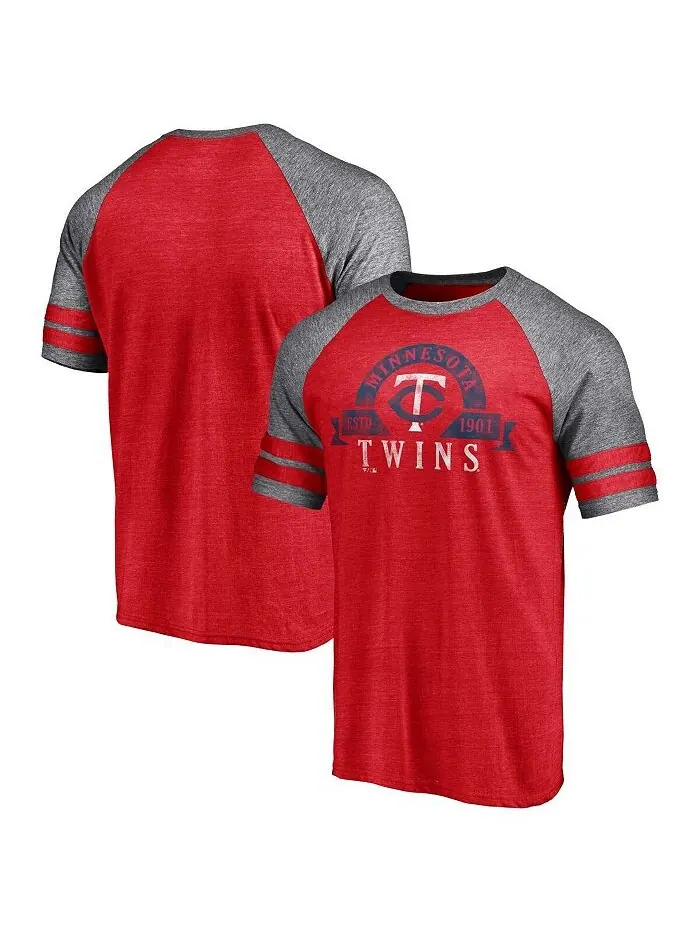 Мужская футболка с двумя полосками реглан Tri-Blend с логотипом Heather Red Minnesota Twins Utility — изображение 1 из 3