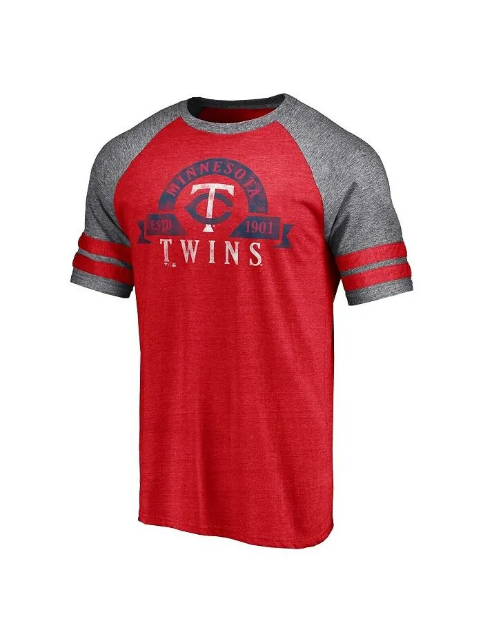 Мужская футболка с двумя полосками реглан Tri-Blend с логотипом Heather Red Minnesota Twins Utility — изображение 2 из 3